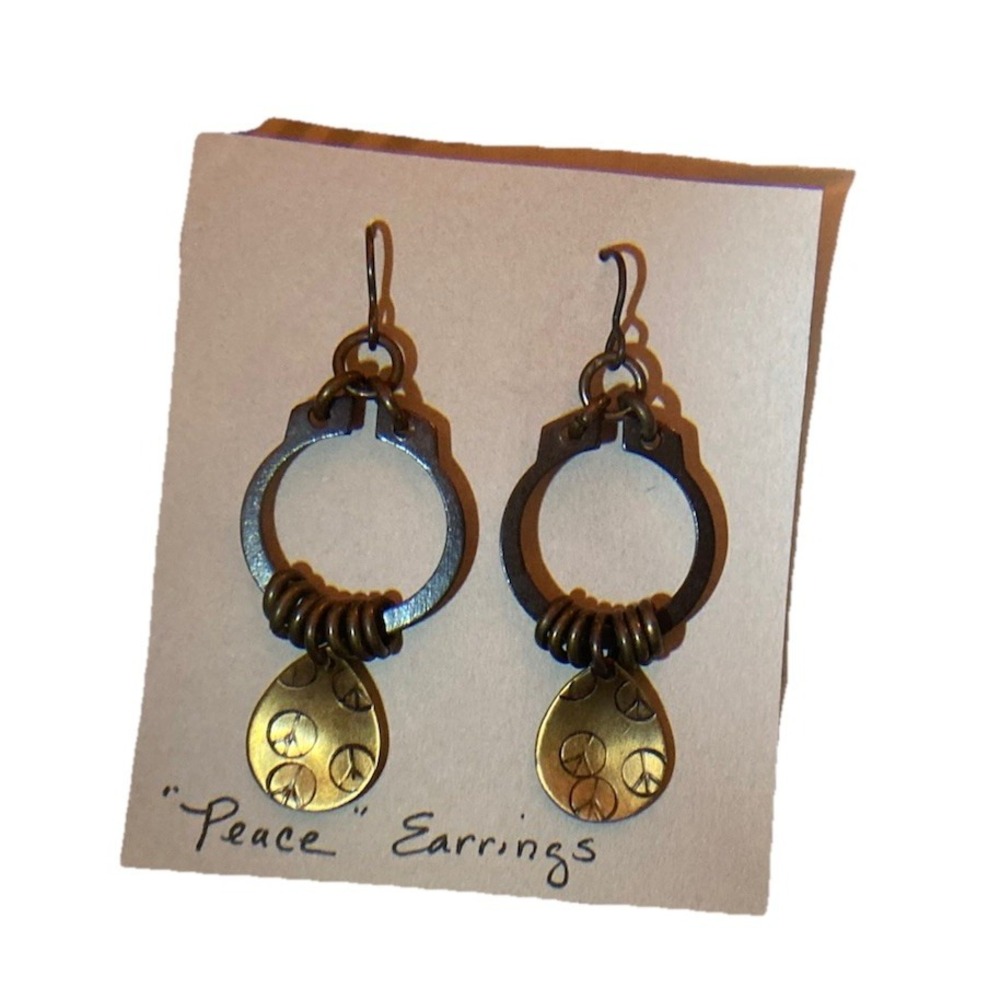 Earrings Metal‎ Industrial Brutalist Dangle Brass Peace Sign NEW Handmade